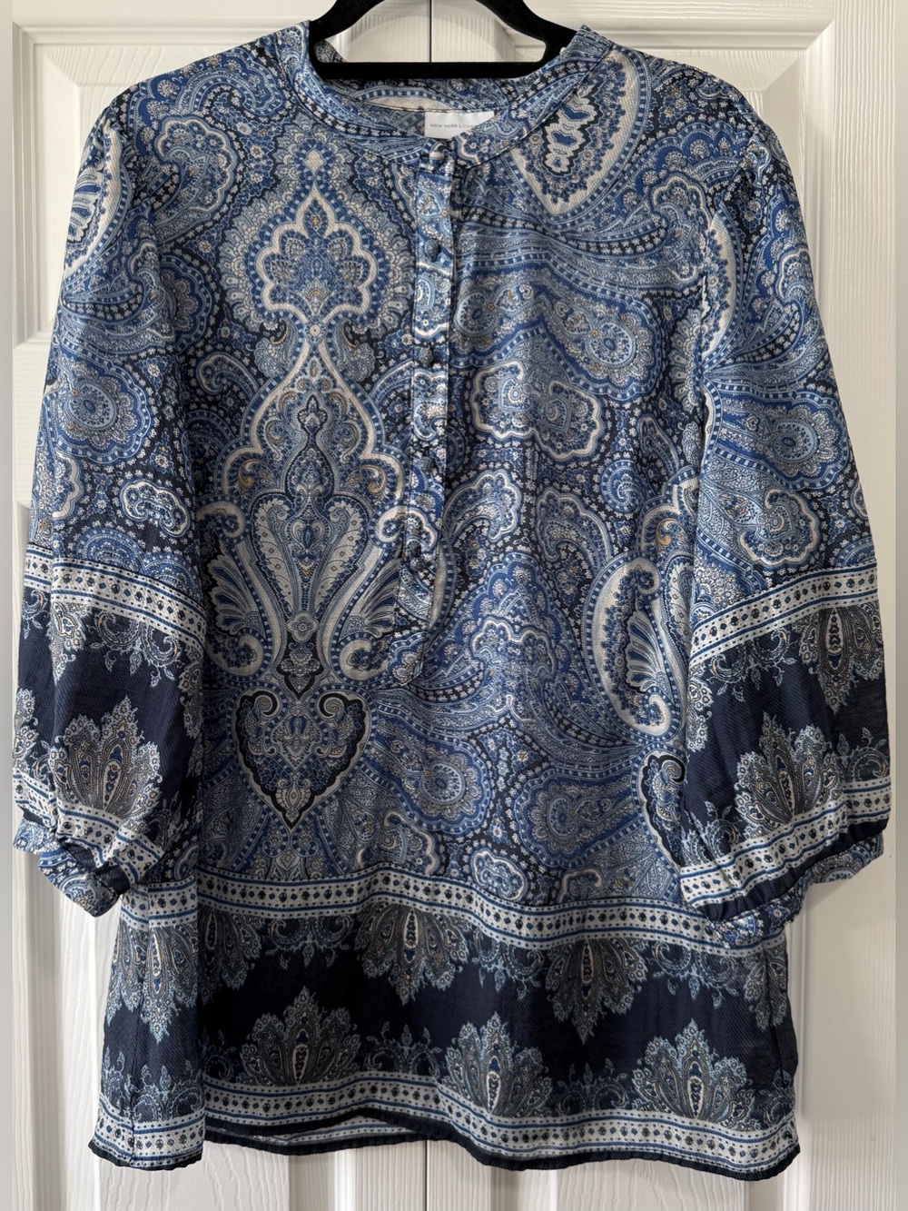 New York & Company Blue Paisley Lyocell Boho Blouse Top Large